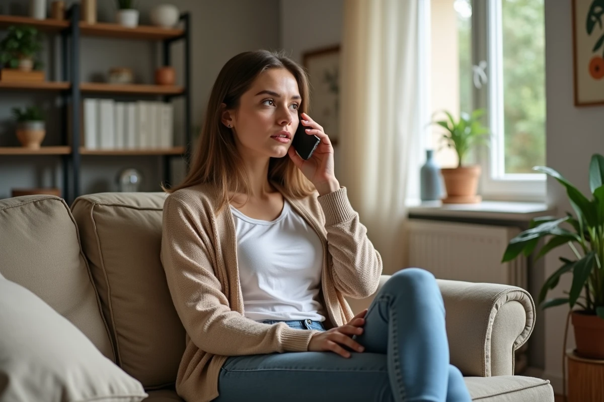 Jeune femme au salon parlant au téléphone