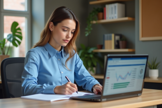 Jeune femme professionnelle en bureau lumineux avec ordinateur