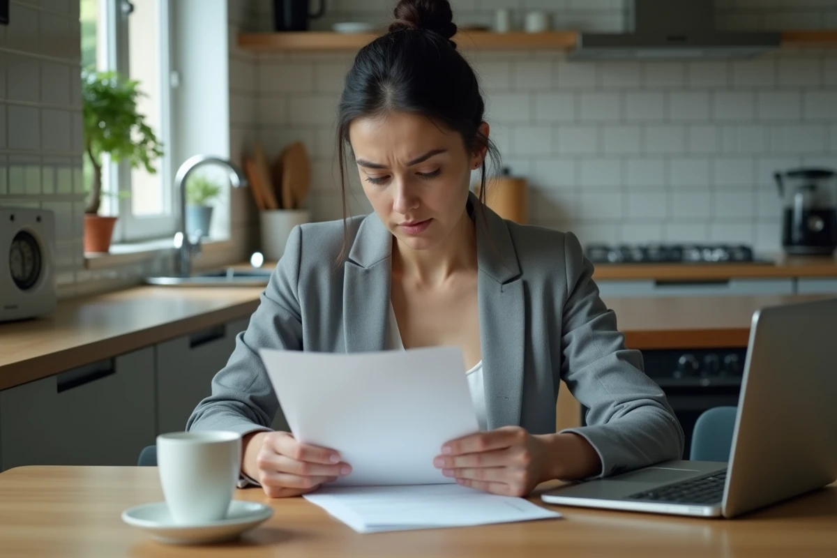 Femme inquiète lisant une lettre de radiation Pôle emploi à son domicile avec un ordinateur portable ouvert
