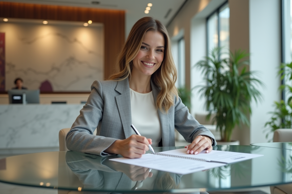 Femme souriante remplit un formulaire bancaire dans une agence moderne