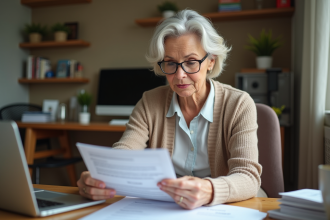 Femme d'âge moyen examinant des documents de retraite dans un bureau chaleureux
