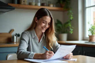 Femme souriante vérifiant sa fiche de paie à la maison