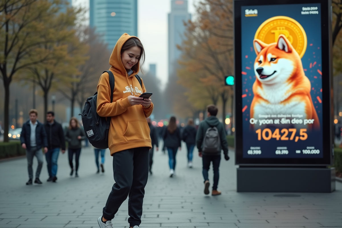 Jeune femme dans la rue vérifiant la crypto sur son smartphone