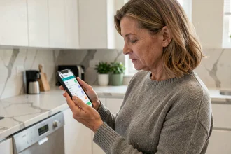 Femme consultant les horaires heures creuses EDF sur son smartphone dans une cuisine moderne