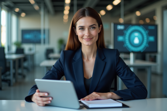 Femme professionnelle en costume navy planifiant sa strategie financière
