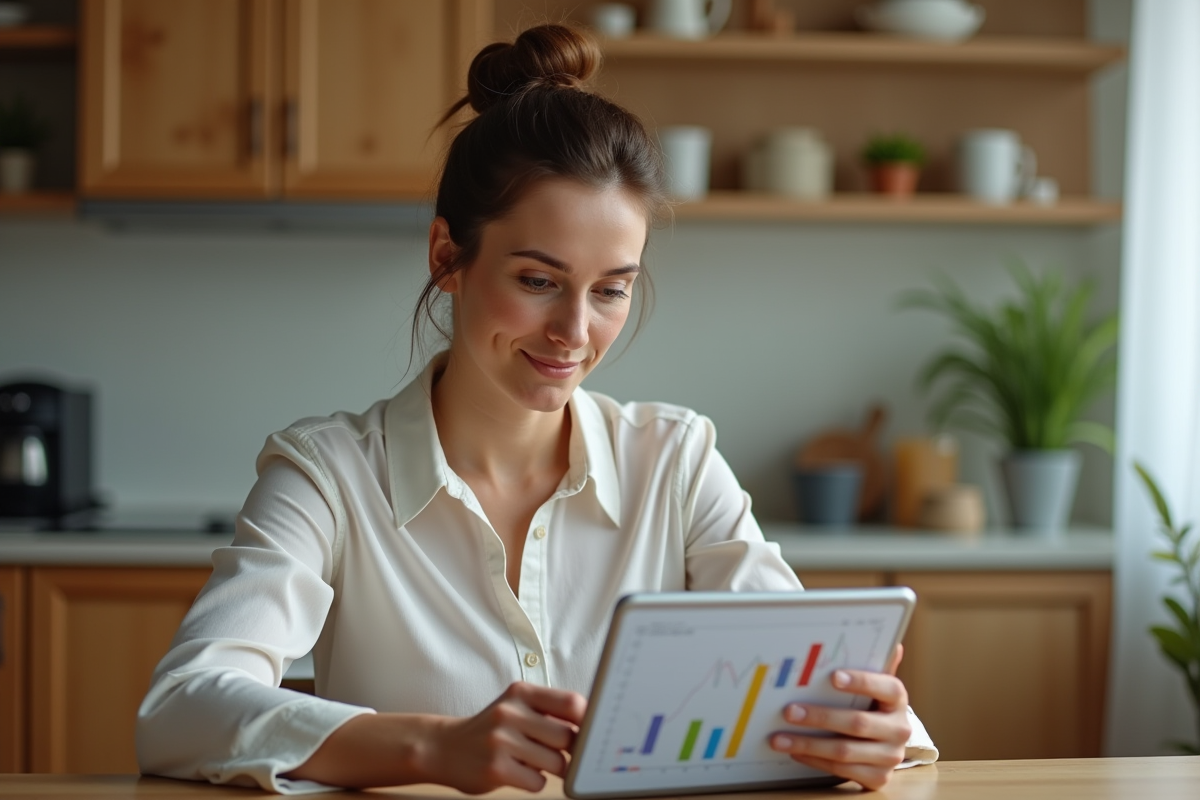 Femme avec tablette affichant un graphique financier à la maison