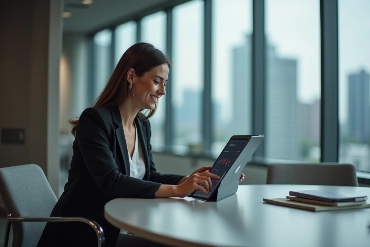 Femme en business casual utilisant une tablette dans un bureau moderne