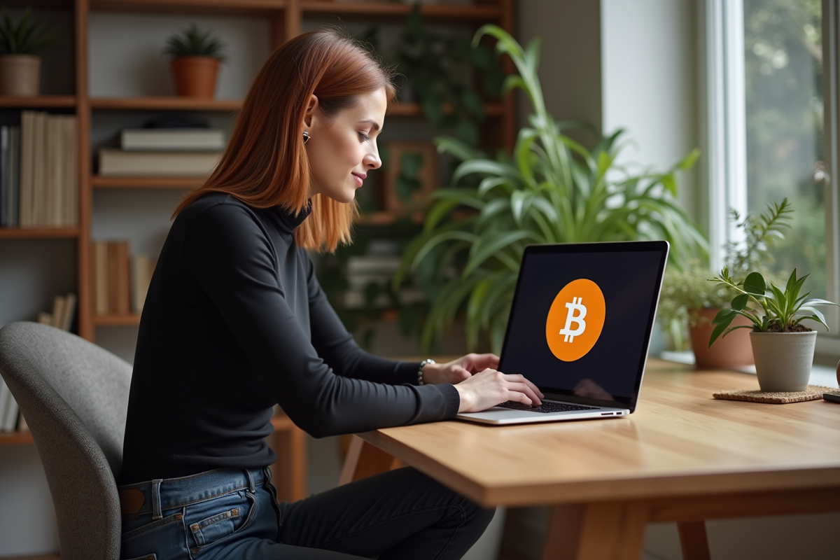 Femme travaillant sur un ordinateur avec logo Bitcoin à la maison