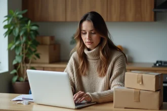 Femme travaillant sur son ordinateur dans sa cuisine à domicile