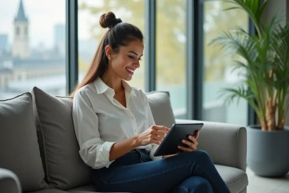 Femme souriante en tenue décontractée au bureau avec tablette