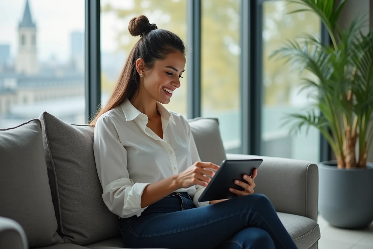 Femme souriante en tenue décontractée au bureau avec tablette