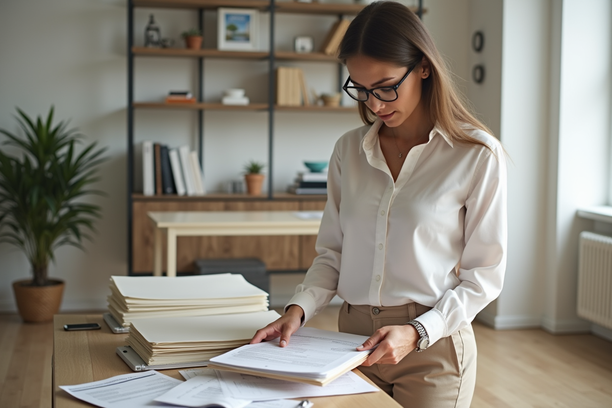 Femme trie des reçus et formulaires dans un bureau à domicile