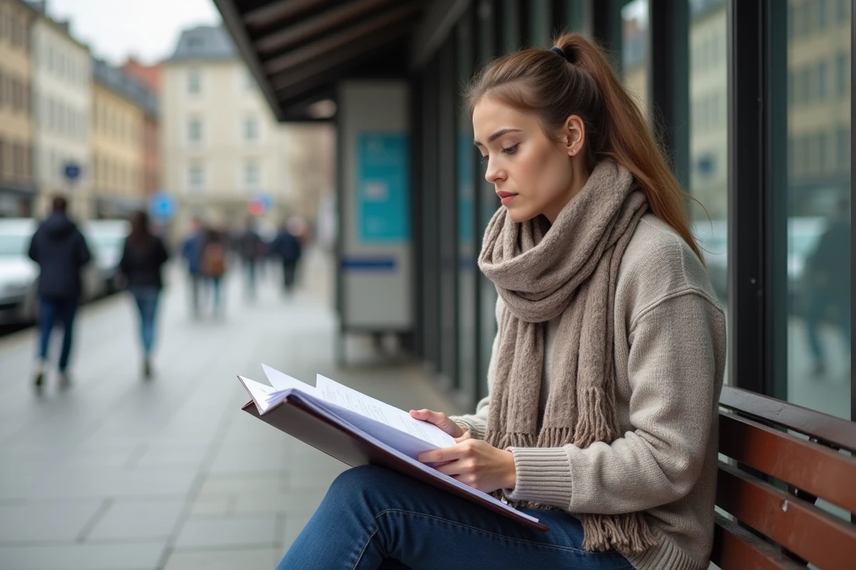Jeune femme assise sur un banc en ville avec documents