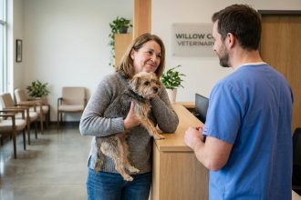 Femme caressant son chien avec un vétérinaire souriant