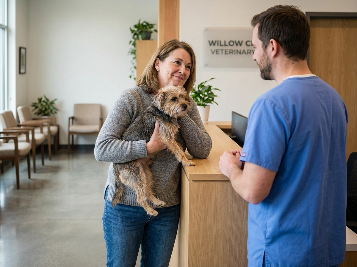 Femme caressant son chien avec un vétérinaire souriant