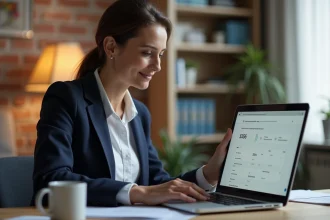 Femme professionnelle gérant un virement bancaire en ligne sur son ordinateur portable depuis son bureau à domicile