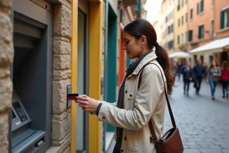 Femme voyageuse retirant de l'argent à un distributeur de billets encastré dans un mur en pierre d'une rue européenne pavée