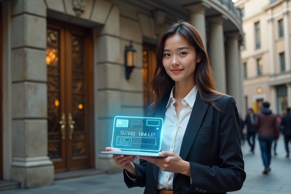 Jeune femme avec tablette holographique dans la rue