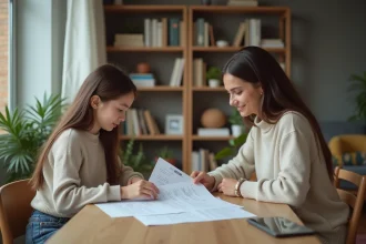 Fille adolescente avec sa mère examinant des documents bancaires