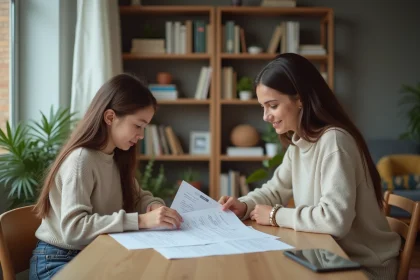 Fille adolescente avec sa mère examinant des documents bancaires