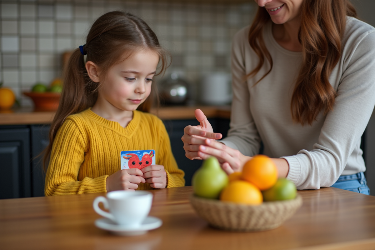 Fille de 7 ans avec carte bancaire colorée avec sa mère