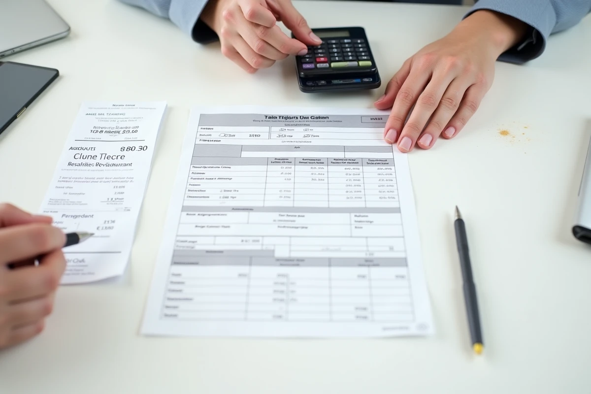 Vue aérienne d'une déclaration fiscale française, d'un ticket-restaurant et d'une note de frais illustrant la fiscalité des repas pour les salariés
