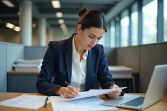 Fonctionnaire calculant son salaire net et brut à son bureau avec des fiches de paie et un tableur ouvert