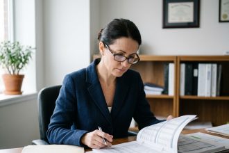 Fonctionnaire femme examinant des documents de regroupement de crédits à son bureau administratif