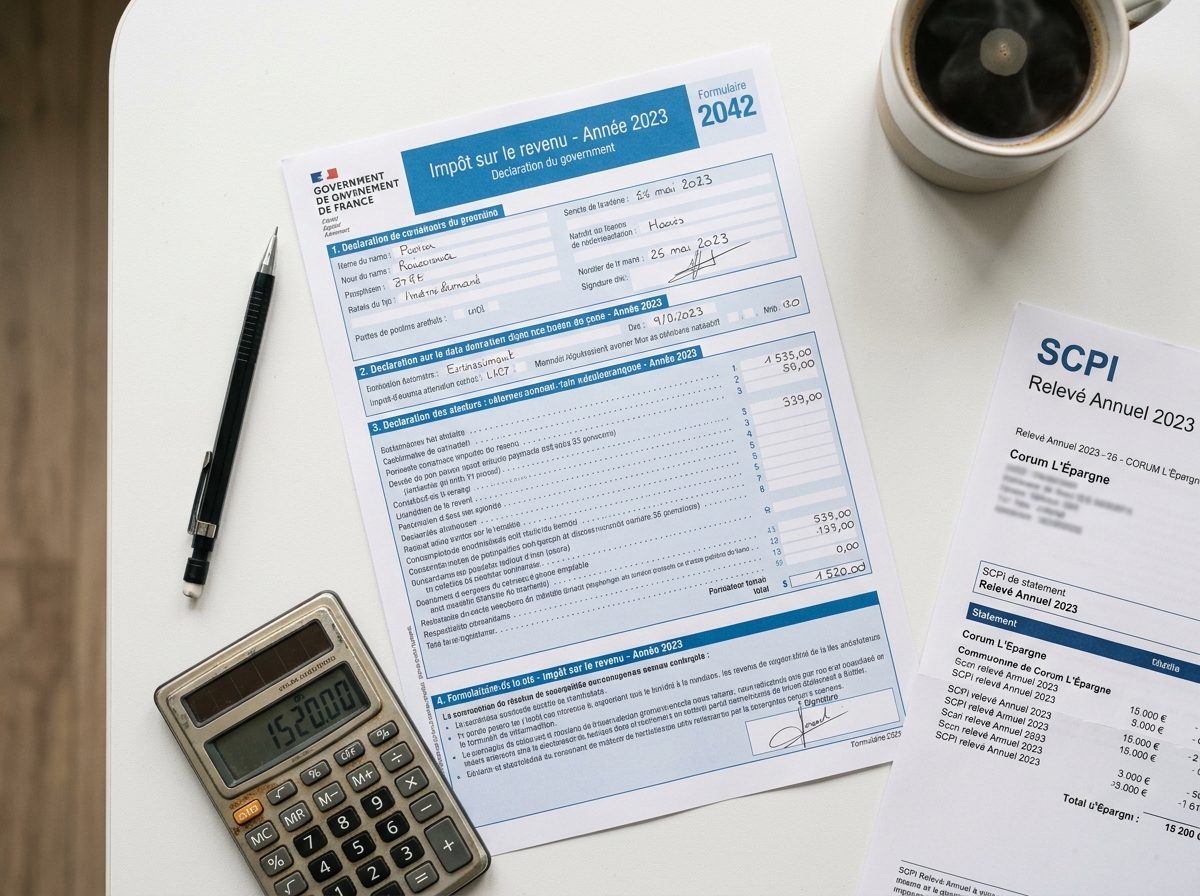 Vue de dessus d'un formulaire de déclaration fiscale SCPI entouré de documents financiers et d'une calculatrice