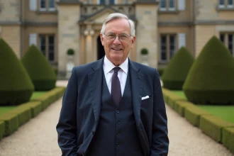Homme distingué en costume bleu marine devant un château français symbolisant la fortune et le patrimoine immobilier