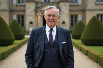 Homme distingué en costume bleu marine devant un château français symbolisant la fortune et le patrimoine immobilier