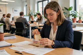 Femme active mangeant un repas au bureau en consultant ses documents fiscaux pour déduire ses frais de repas aux impôts