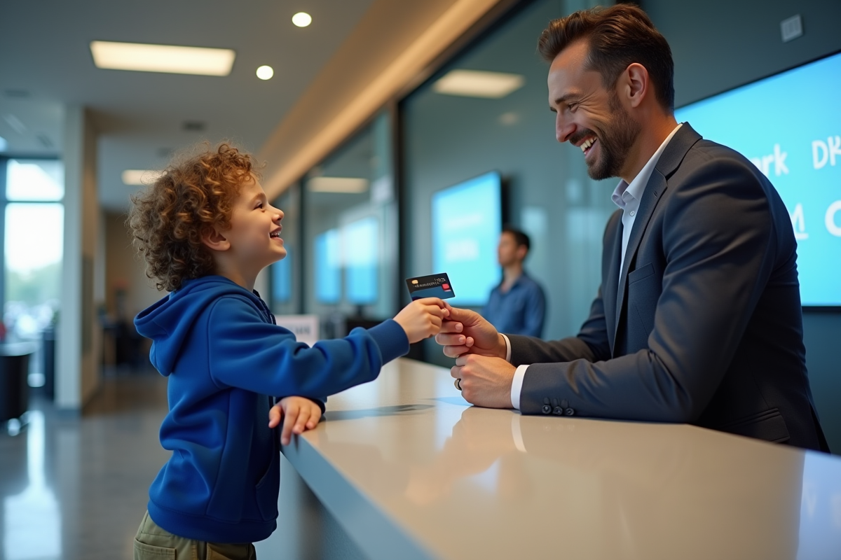 Garçon de 7 ans avec son père au guichet bancaire