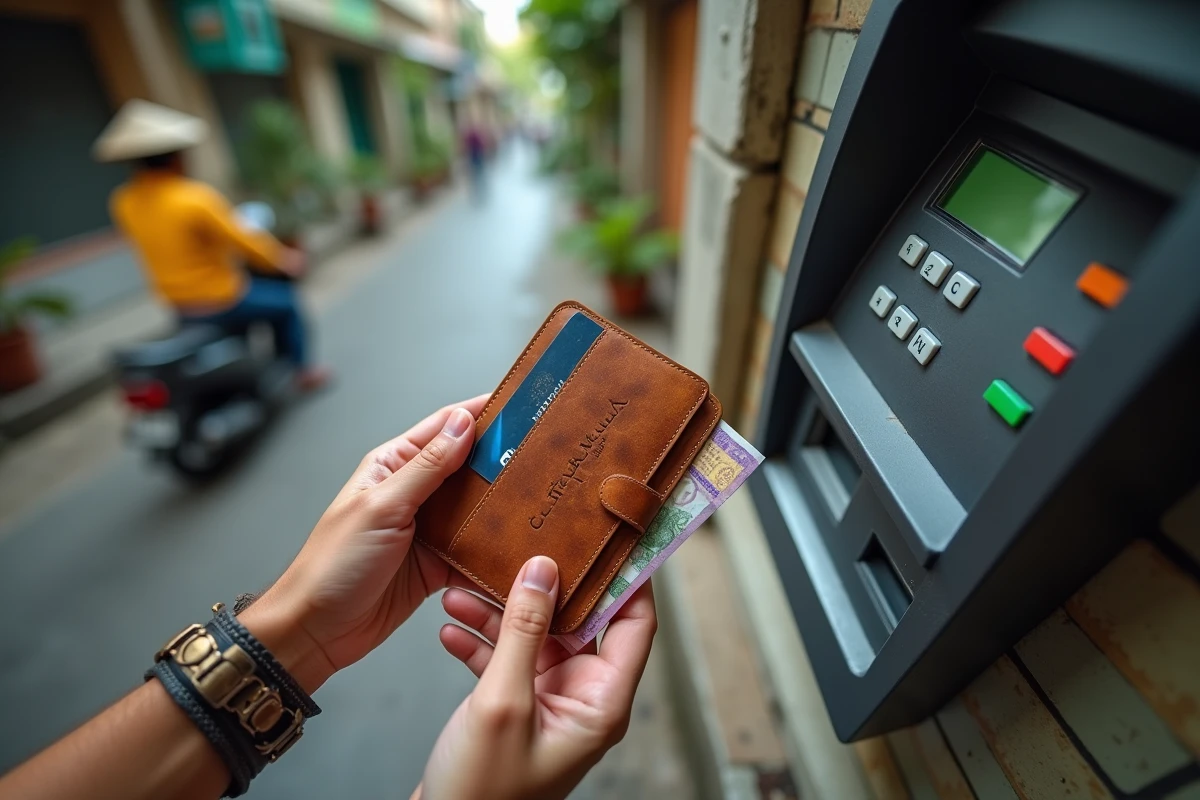 Gros plan de mains tenant une carte bancaire et un portefeuille en cuir près d'un distributeur de billets en Asie du Sud-Est