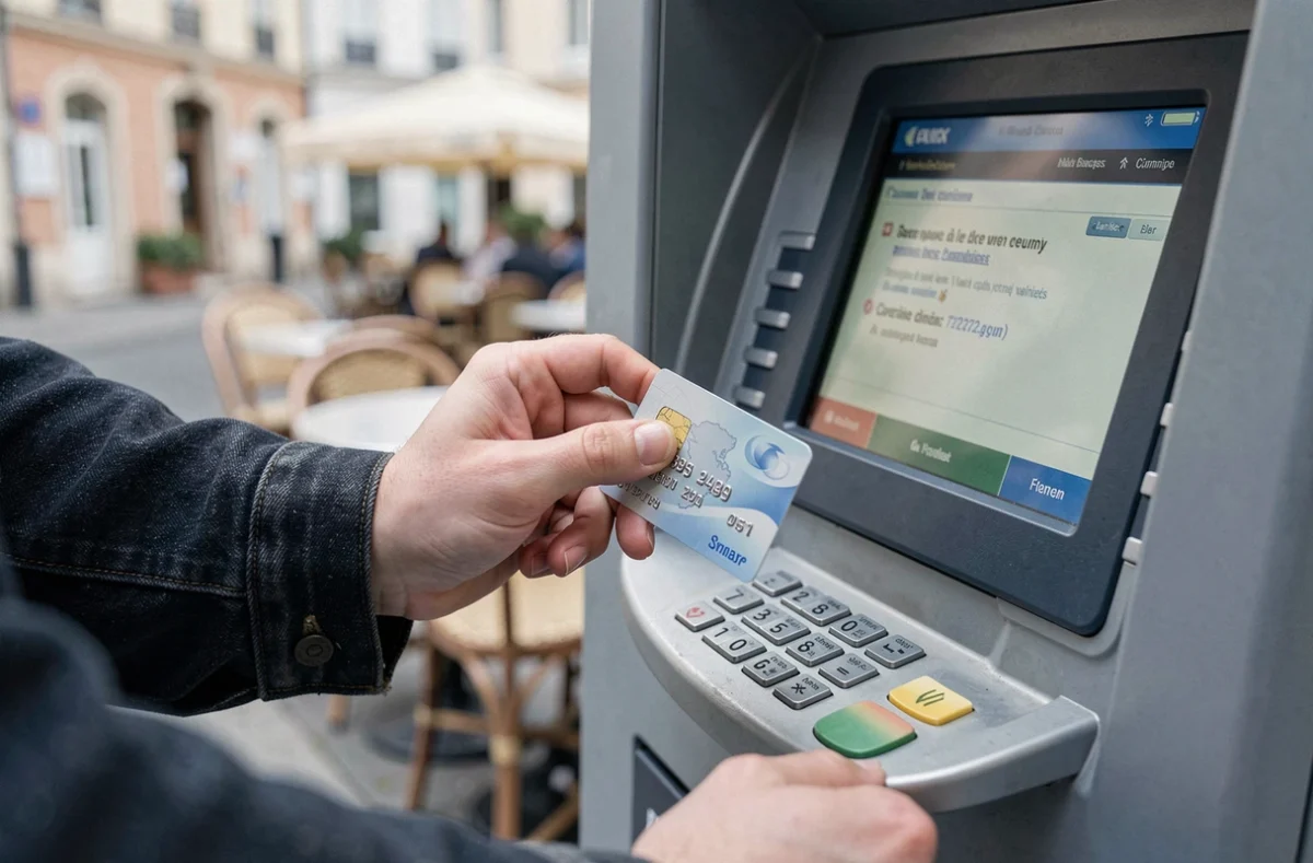 Gros plan de mains insérant une carte bancaire dans un distributeur automatique de billets en milieu urbain