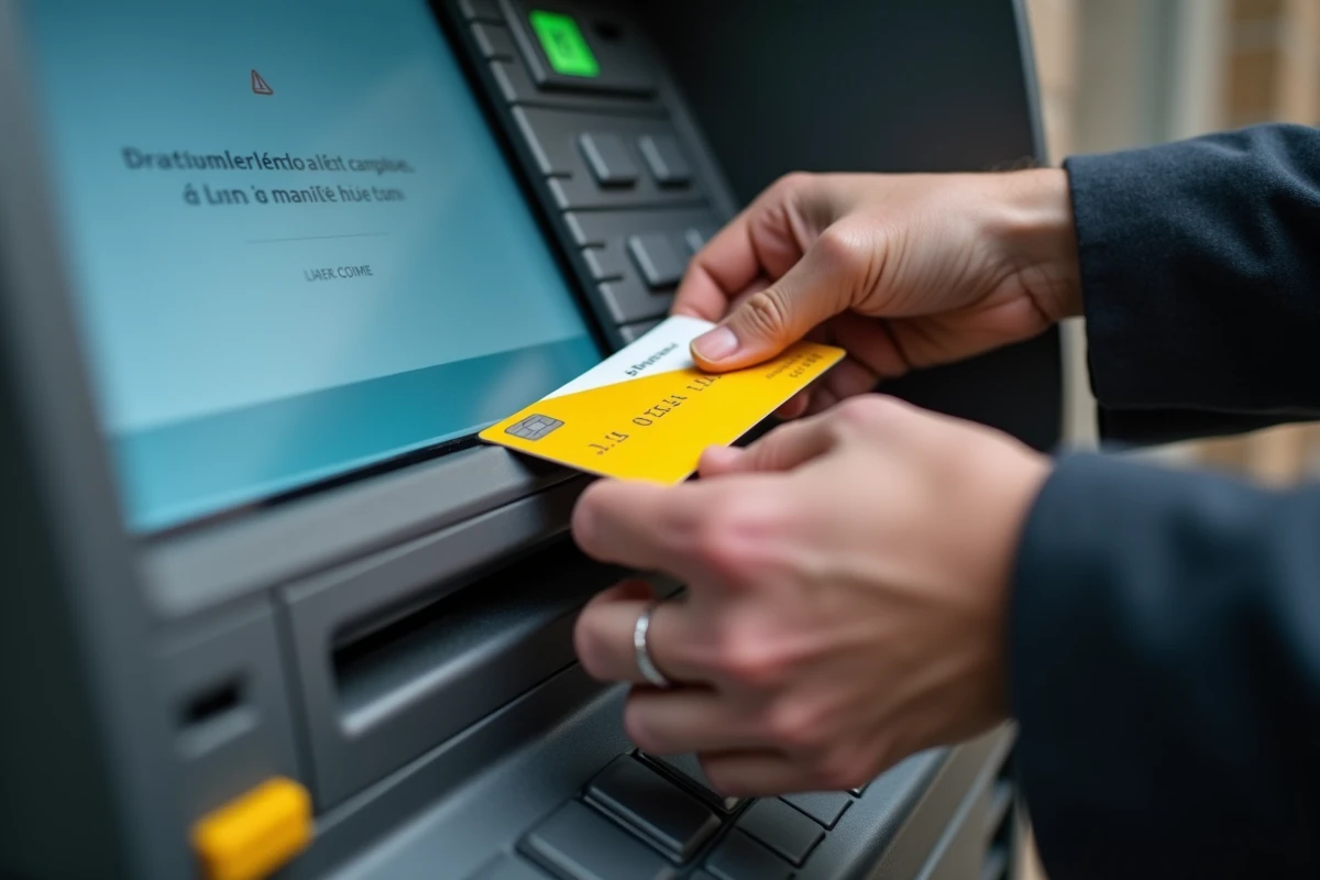 Gros plan sur des mains insérant une carte bancaire La Banque Postale dans un distributeur automatique de billets