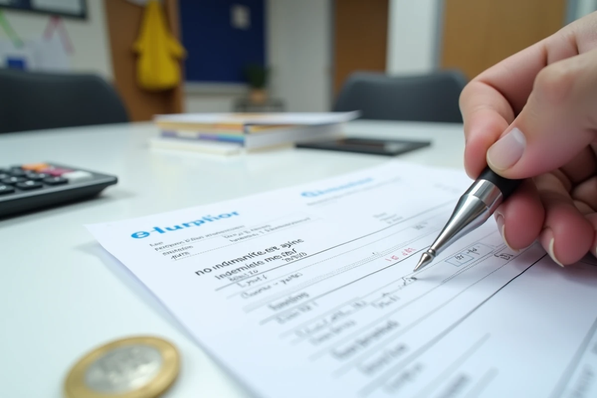 Gros plan d'une fiche de paie d'enseignant avec les primes et indemnités annotées au stylo sur un bureau