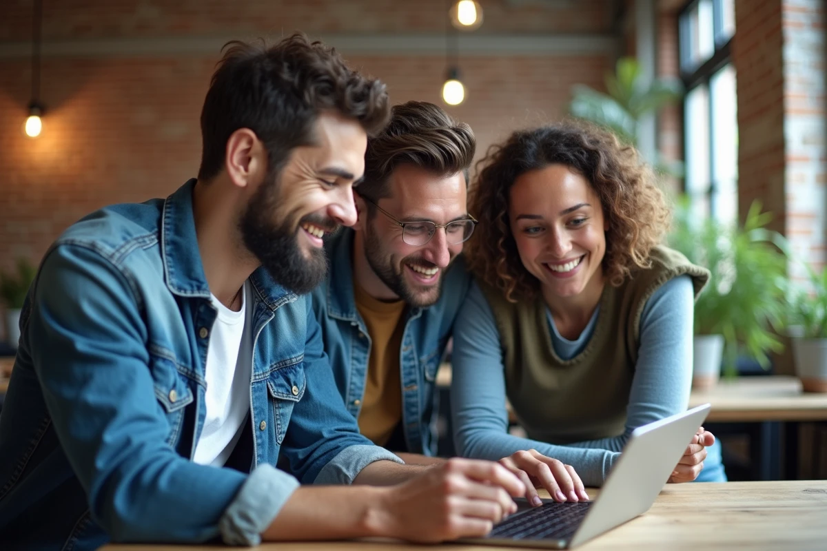 Groupe de personnes consultant une cagnotte en ligne collaborative dans un espace de coworking