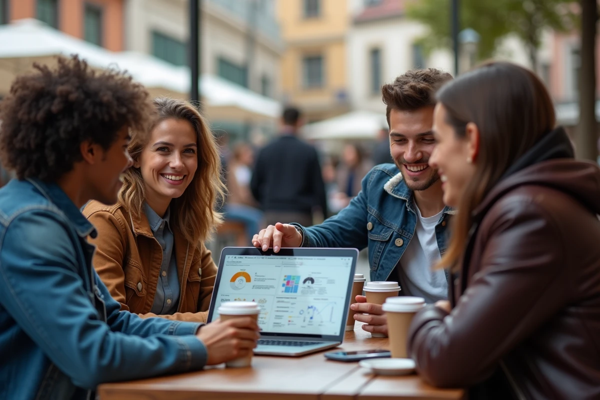 Groupe de jeunes discutant autour d un café en ville