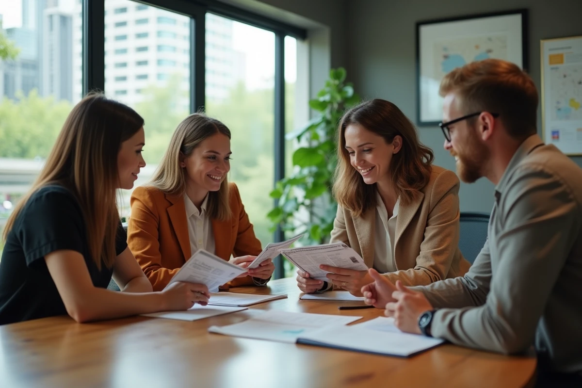Groupe de collègues discutant de vacances autour d