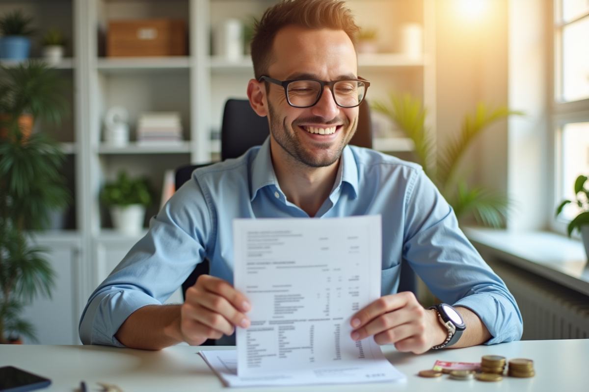 Employe souriant vérifiant sa fiche de paie avec monnaie
