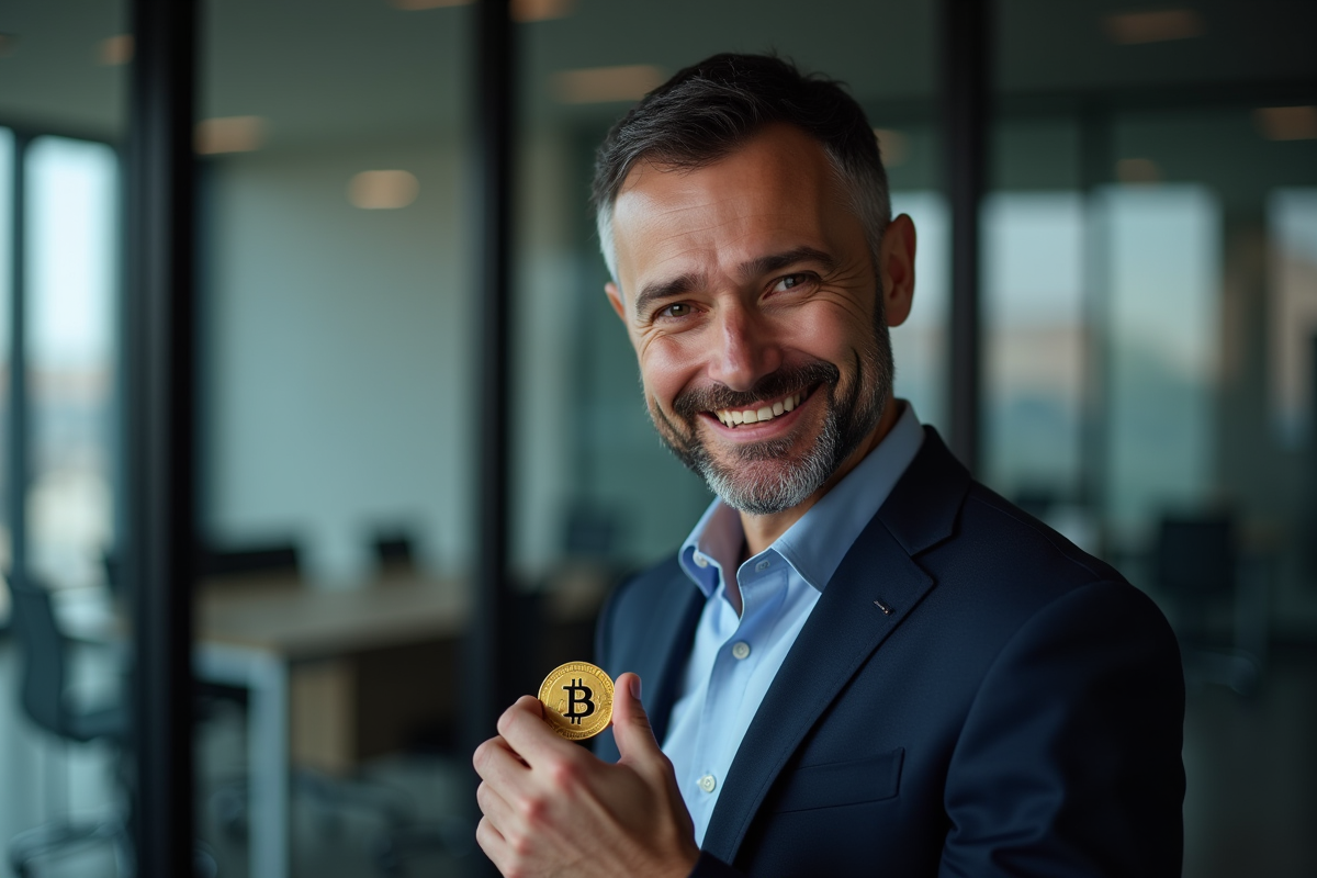 Homme d'affaires avec Bitcoin en main dans un bureau moderne
