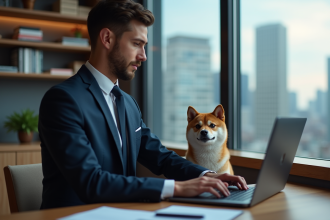 Jeune homme en costume regardant des graphiques de Shiba Inu