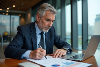 Homme d'affaires étudiant un contrat dans un bureau moderne