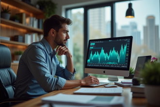 Jeune homme d'affaires regardant un graphique crypto