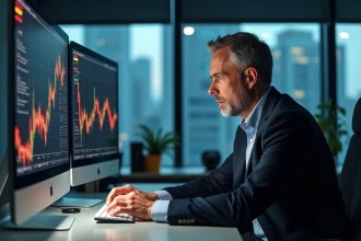 Homme d'affaires anxieux face à des écrans boursiers