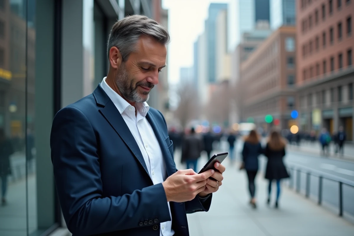Homme d'affaires utilisant l'espace client mobile Domiwebcmb en milieu urbain