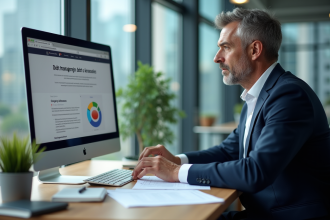 Homme d'affaires en costume bleu examine des documents financiers