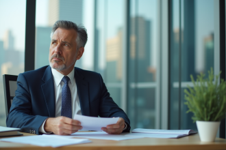 Homme d'affaires en costume analysant des documents financiers