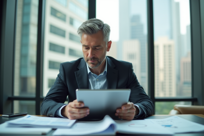 Homme d'affaires confiant dans un bureau moderne analysant des documents financiers